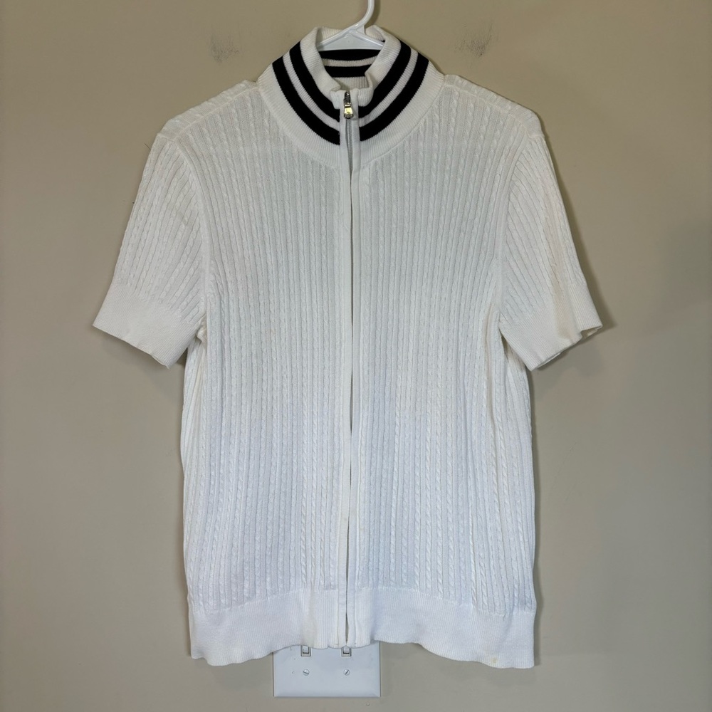 LRL Lauren Ralph Lauren White Short Sleeve Zip-Up Sweater large cotton